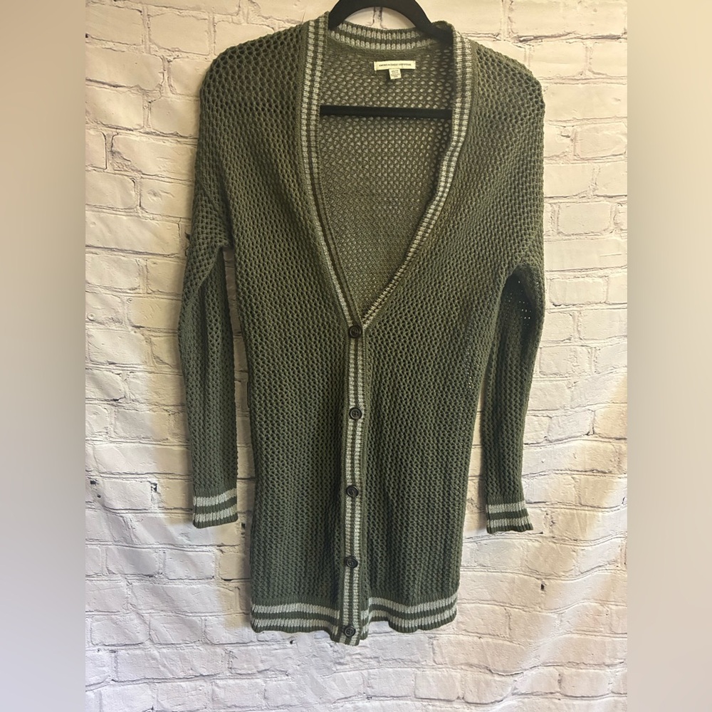5/$20 American Eagle Long Khaki Green Knit Button‎ Up Mesh Cotton Cardigan Sz XS